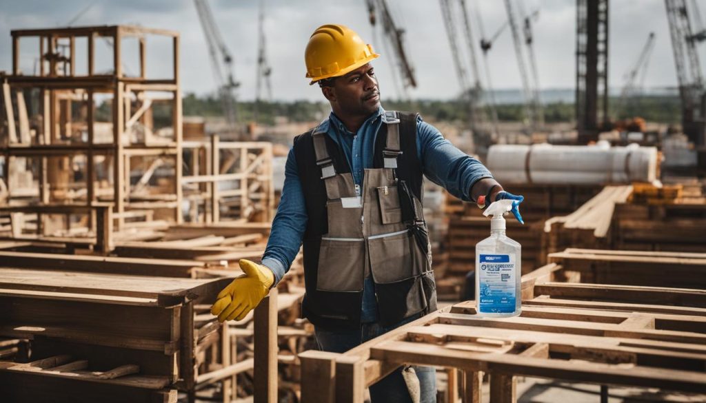 construction worker using hand sanitizer